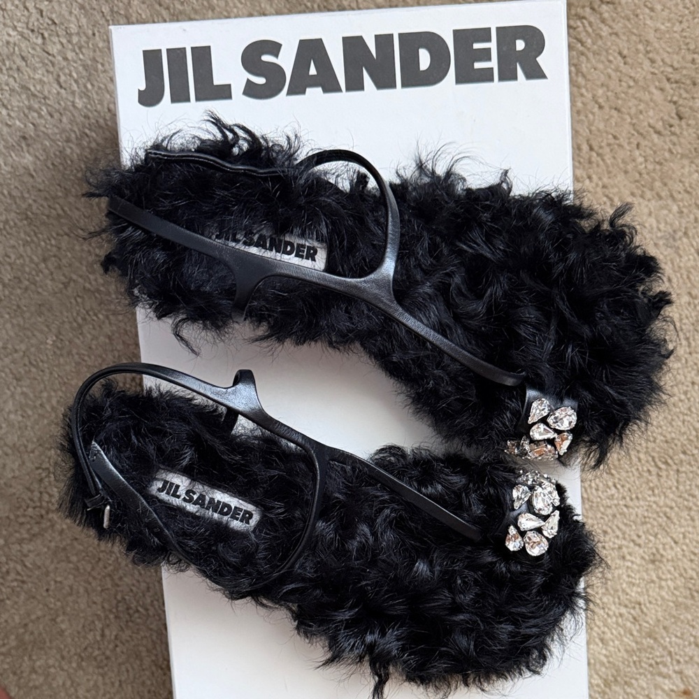 New! Jil Sander Black Furry Sandals with Rhinestone Details - Picture 2 of 6
